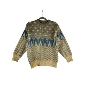 ALAFOSS Icewool Mens S Crew Neck Jumper Sweater Beige Fair Isle Virgin Wool VTG